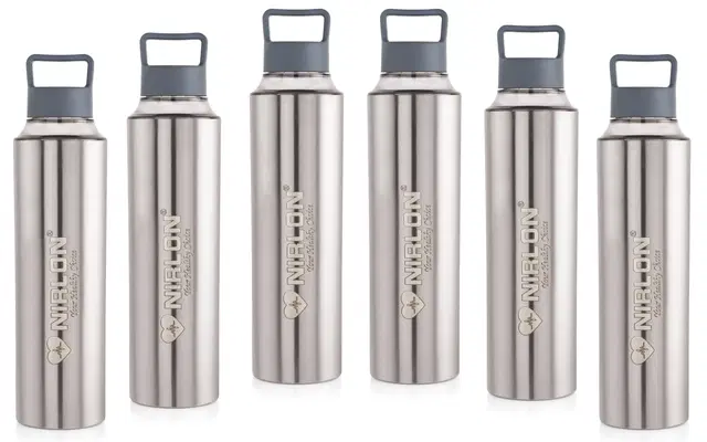 Nirlon Eco Pur Single Wall Stainless Steel Water Bottle, Water Bottles For Fridge Pack Of 6 |Leak Proof|Office|Gym Bottle|Home|Kitchen|Hiking|Treking Bottle|Travel Bottle [Grey Color|900Ml]