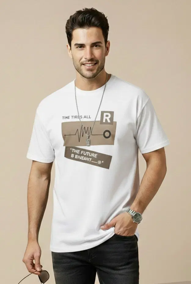 Polyester Printed T-shirt for Men, White (XL)