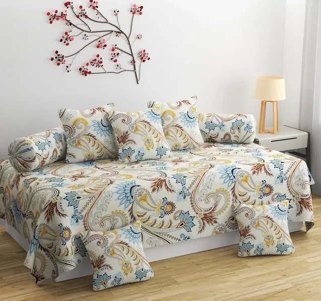 Sarangi Blue Floral Diwan Set with 1 Single Bedsheet, 5 Cushion Cover and 2 Bolster Cover