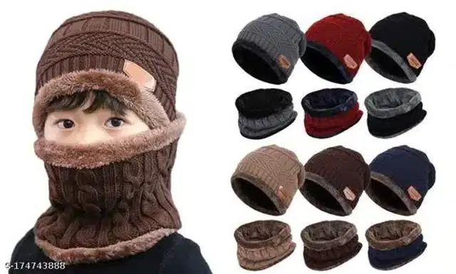 Woolen Winter Beanie Cap with Neck Warmer for Kids (Assorted, 5-14 Years)