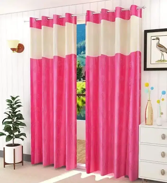 Polyester Patch Worked Window & Door Curtains, Pack of 2, Pink, 5 feet