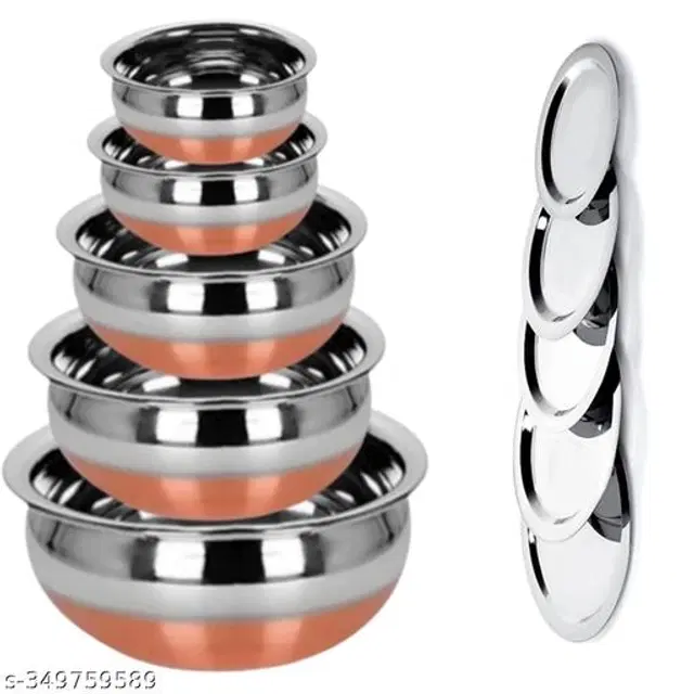 Stainless Steel Copper Bottom Handi Pot Set with Lid, Silver, Set of 5