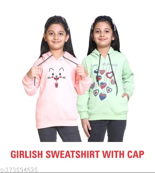 Woolen Printed Hoodie for Girls, Pack of 2 (Mint Green & Peach, 3-4 Years)