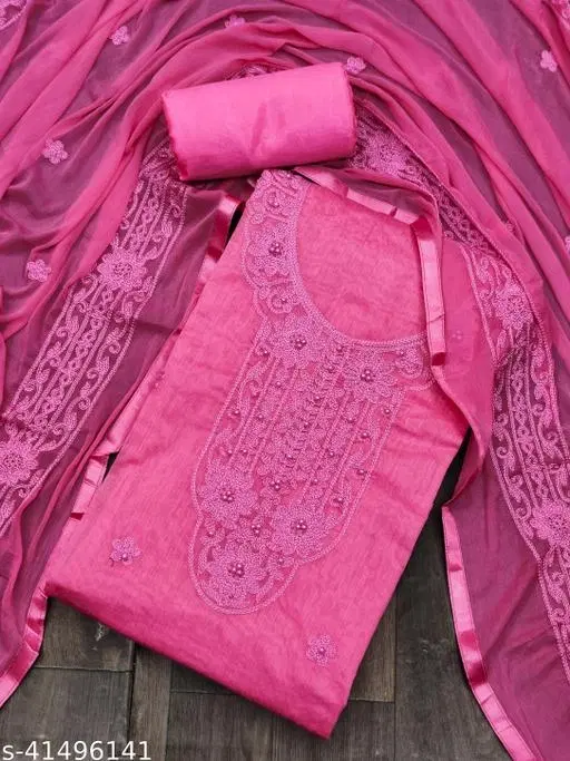 Chanderi Cotton Floral Embroidered Suits & Dress Materials for Women (Pink, Un Stitched)