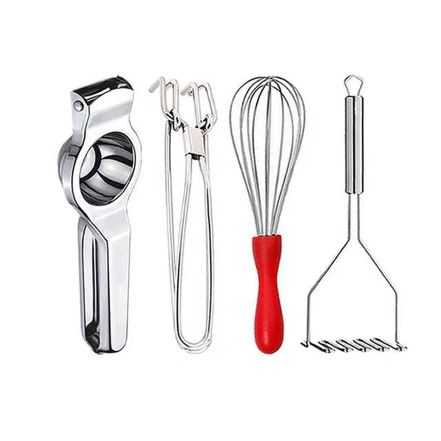 Stainless Steel Lemon Squeezer & Pakkad & Egg Whisk & Potato Masher For Kitchen, Set of 4, OC-071