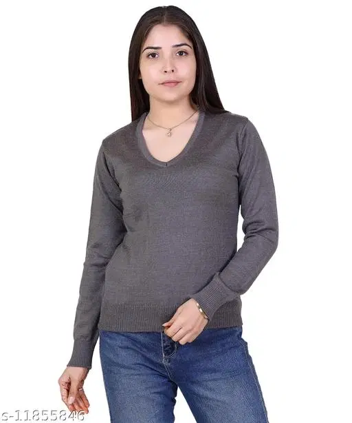 Acrylic Solid Sweater for Women (Grey, M)