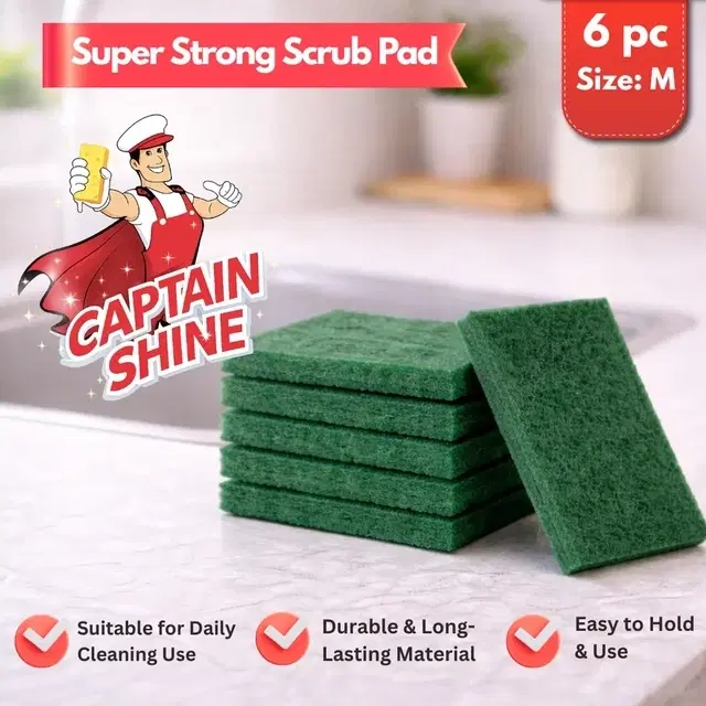 Captain Shine Green Scrub Pad, 10 x 7.5cm [6 Pieces]-Medium