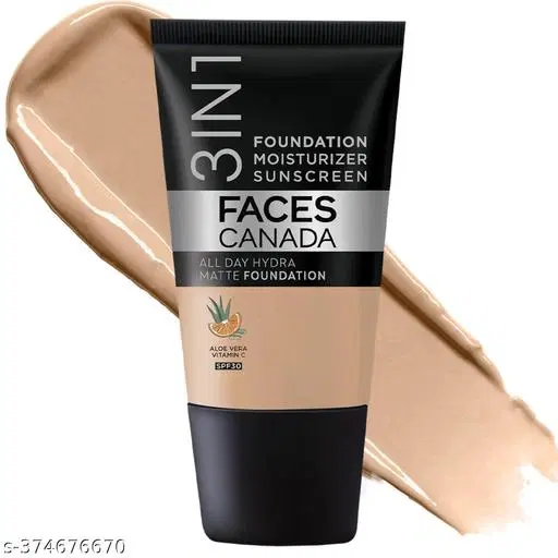 Faces Canada All Day Hydra Matte Foundation | 3-In-1 Foundation + Moisturizer + Spf 30 | 24 Hr Aloe Hydration & Vitamin C | 10hr Long Wear | Medium To High Buildable Coverage | Medium Natural | 18 ml