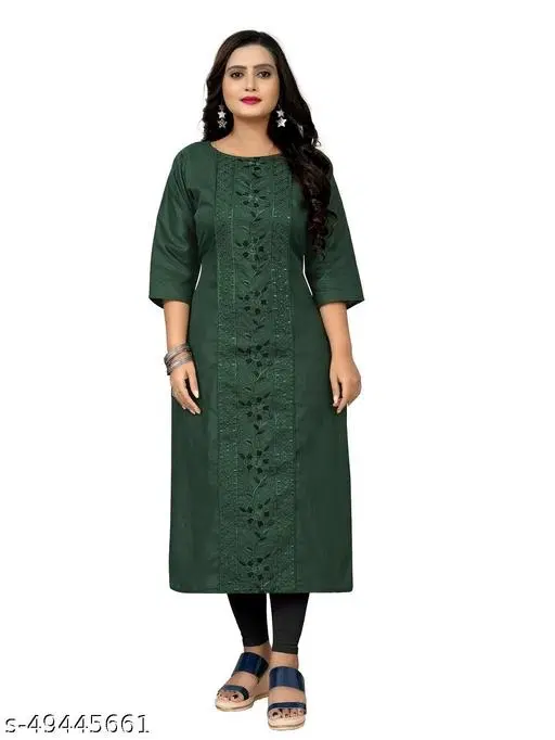 Floral Embroidered A-line Kurti for Women (Green, L)