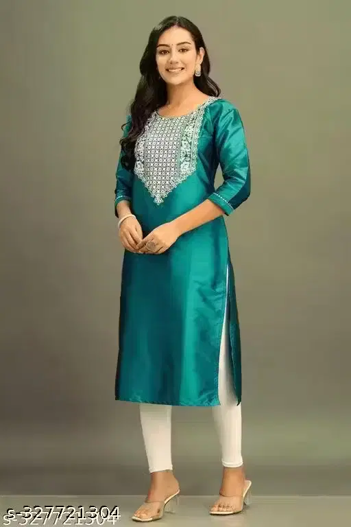 Art Silk Embroidered Art Straight Kurti for Women, Teal Blue (M)