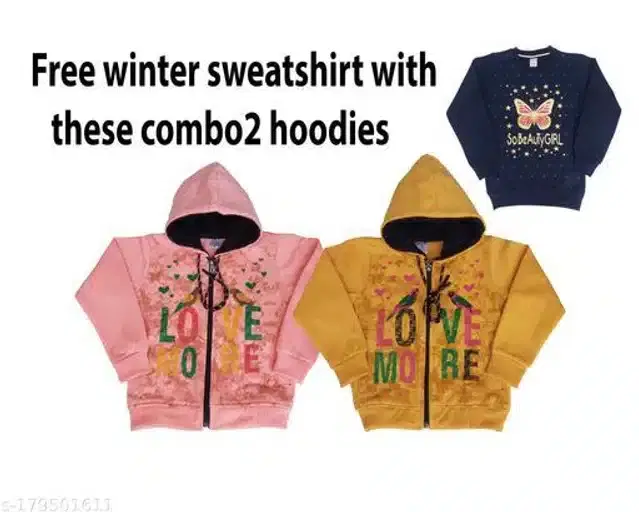 Fleece Printed Full Sleeves Hooded Sweatshirts with Free Round Neck Sweatshirt for Girls, Set of 3 (Multicolor, 4-5 Years)