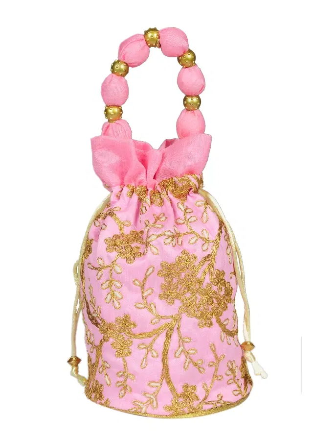 Silk Floral Ethnic Rajasthani Traditional Work Potli with Handle for Return Gifts, Pink
