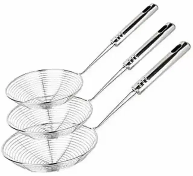 Stainless Steel Deep Fry Strainer, Pack of 3, Silver
