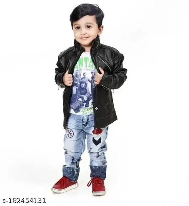 Leather Jacket for Boys (Black, 6-7 Years)