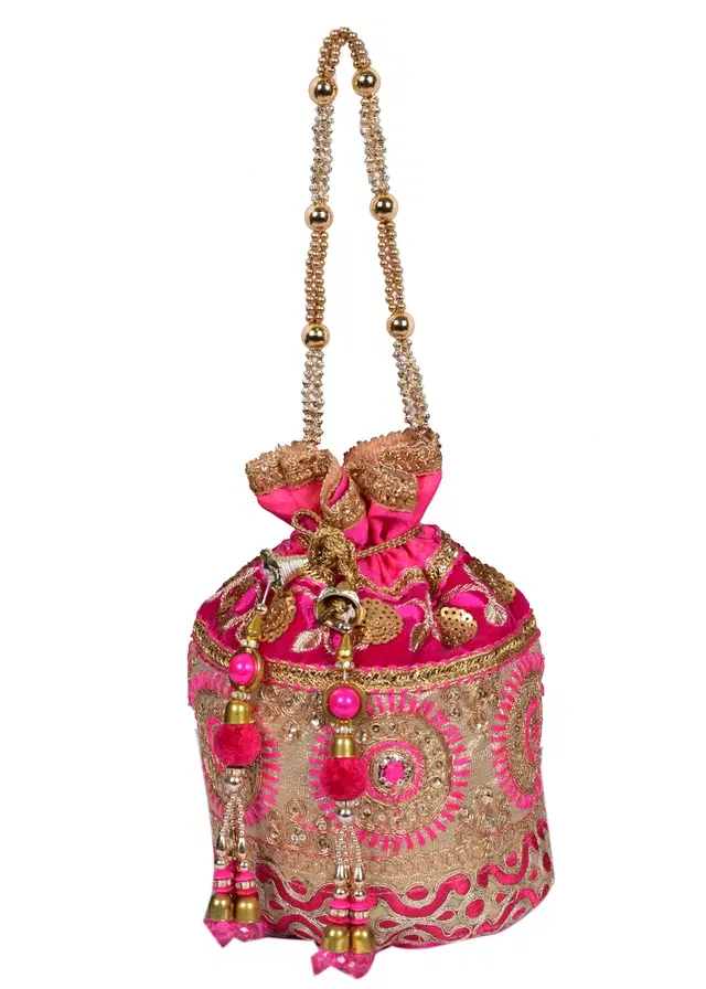 Silk Floral Ethnic Rajasthani Traditional Work Potli with Handle for Return Gifts, Pink
