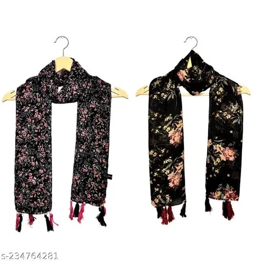 Poly Chiffon Scarves for Women, Black, Pack of 2