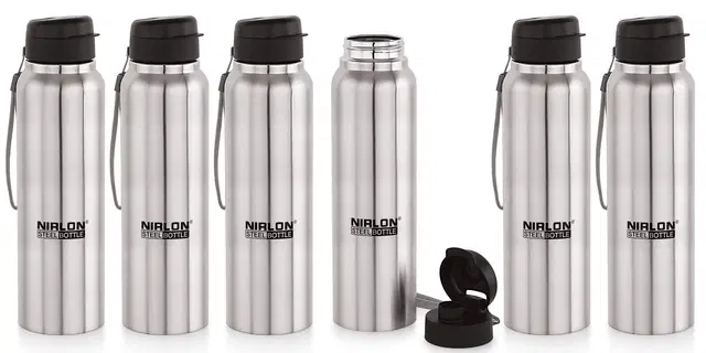 Nirlon Superb Flip Stainless Steel Single Wall Sipper Water Bottle/Fridge Water Bottle Pack Of 6 |Leak Proof|Office|Gym Bottle|Home|Kitchen|Hiking|Treking Bottle|Travel Bottle [Silver Colour|1000Ml]