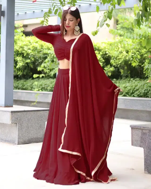 Georgette Solid Semi Stitched Lehenga Choli for Women (Maroon)