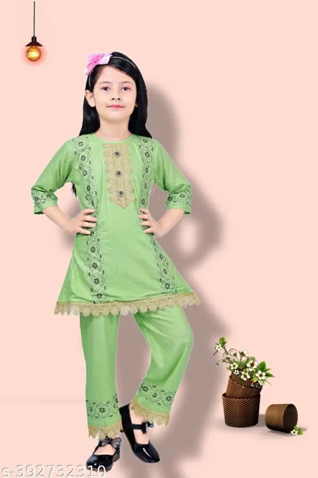 Rayon Printed Kurta with Pant for Girls (Green, 4-5 Years)