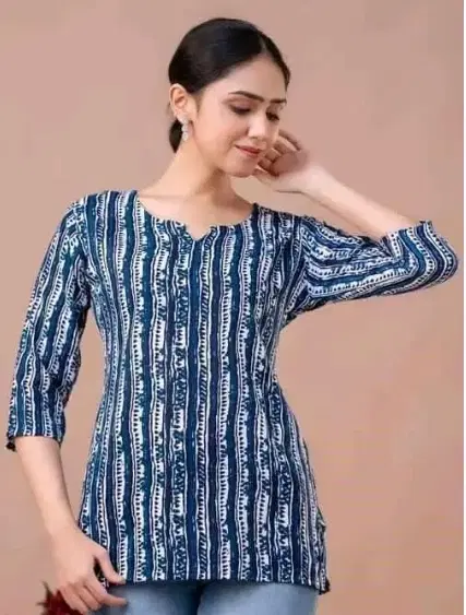 Rayon Striped Short Kurti for Women, Blue (XS)