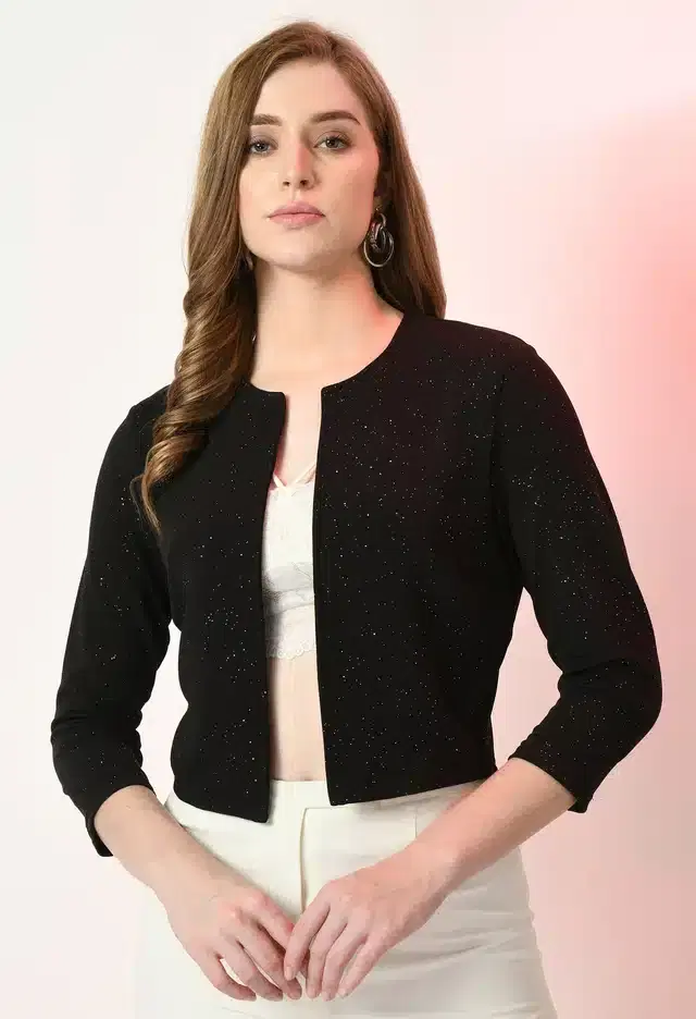 Three Quarter Sleeves Shrug for Women (Black, M)