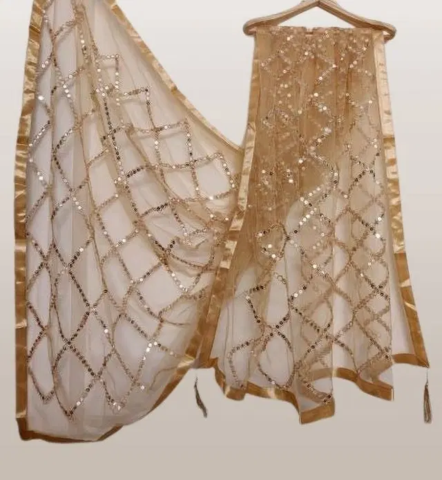 Net Self-Design Dupatta for Women (Beige, 2.2 m)