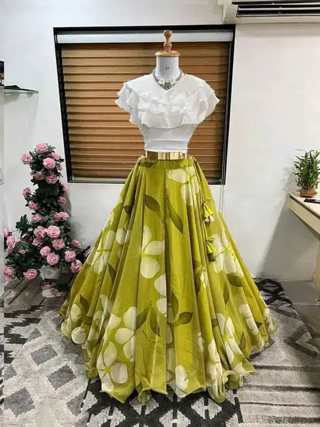 Ready to Wear Lehenga Choli for Women (Neon Green, XS)