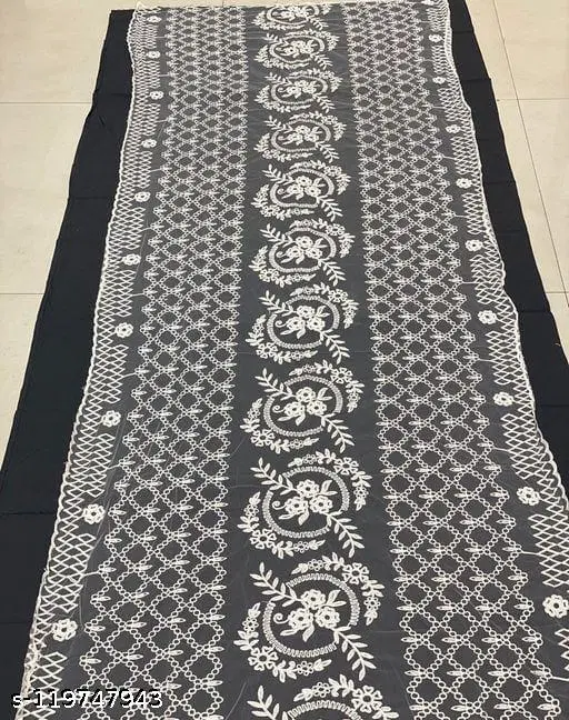 Embroidered Jaipuri Net Dupatta (White, Free Size)