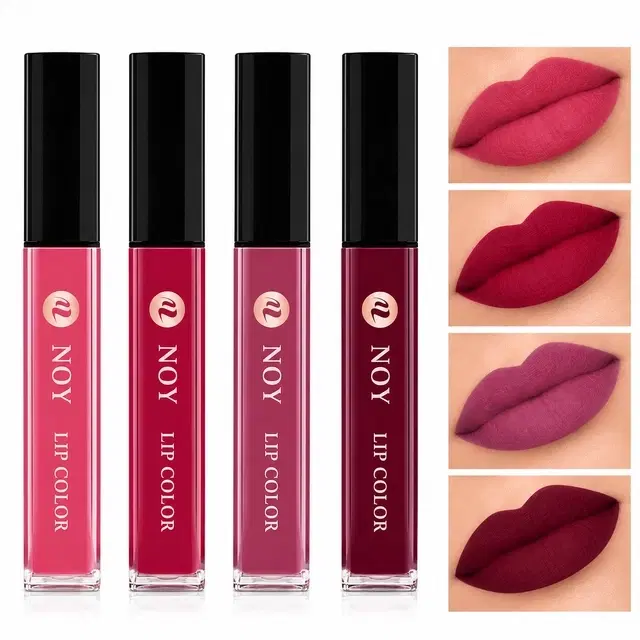 NOY Non Transfer Long Lasting Liquid Lipstick, Peach, Cherry Pink, Purple Maroon, 16 ml [Pack of 4]