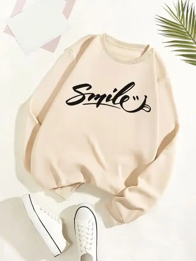 Fleece Full Sleeves Sweatshirt for Women (Beige, S)