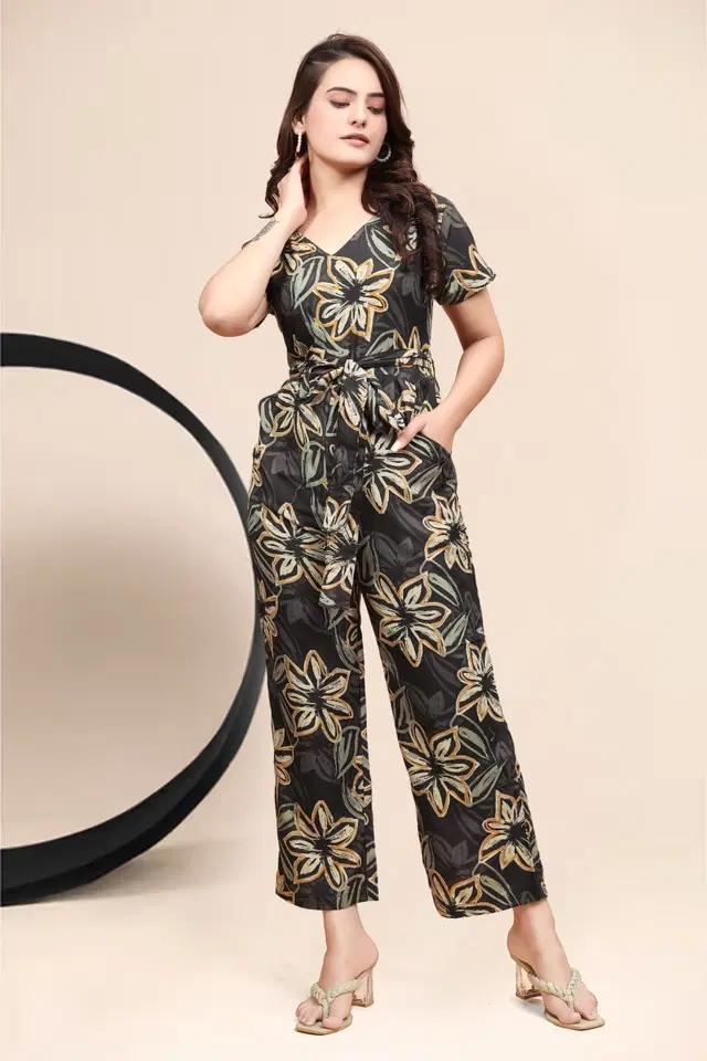 Muslin Printed Jumpsuit for Women (Green, L)
