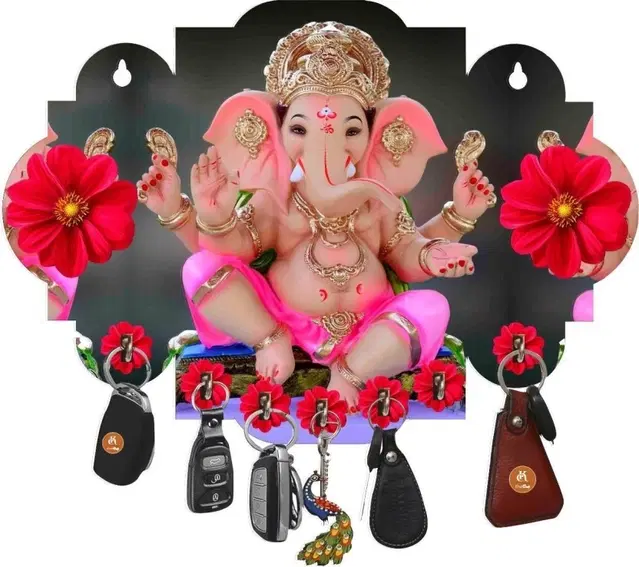 Khatu Crafts Pink Dhoti Ganesh Wood Key Holder, 7 Hooks, Multicolor