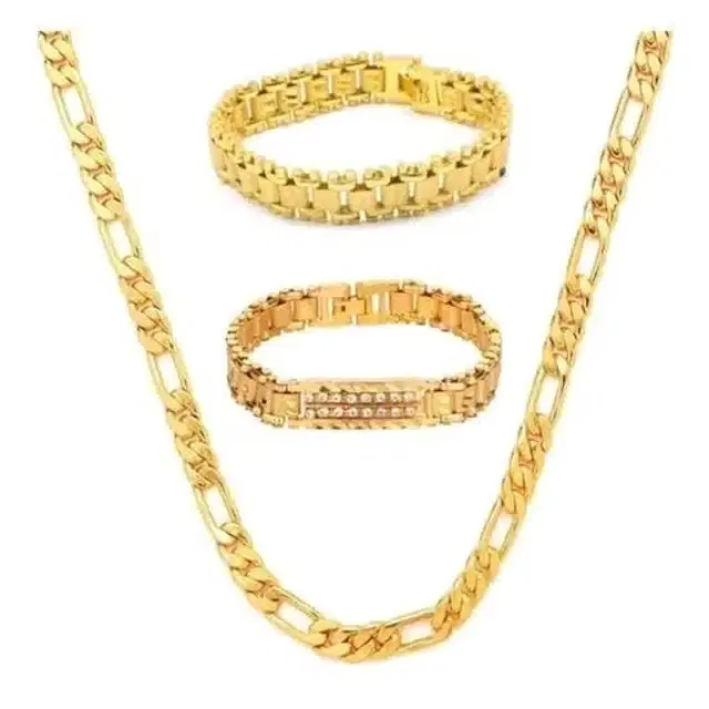 Designer Chain with 2 Pcs Bracelet for Men & Boys, Set of 2 (Gold)