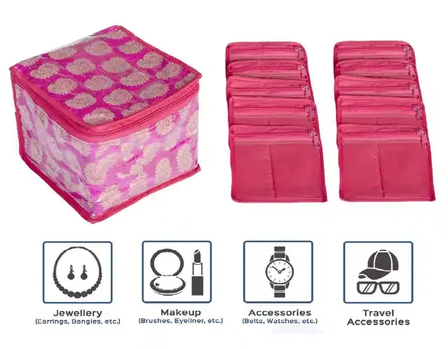Multipurpose Storage Bag with 10 Transparent Pouches, Pink, 18x18x13 cm, Set of 11