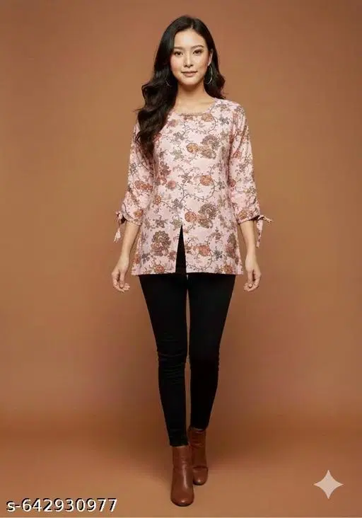 Round Neck Rayon Top for Women (Pink, S)