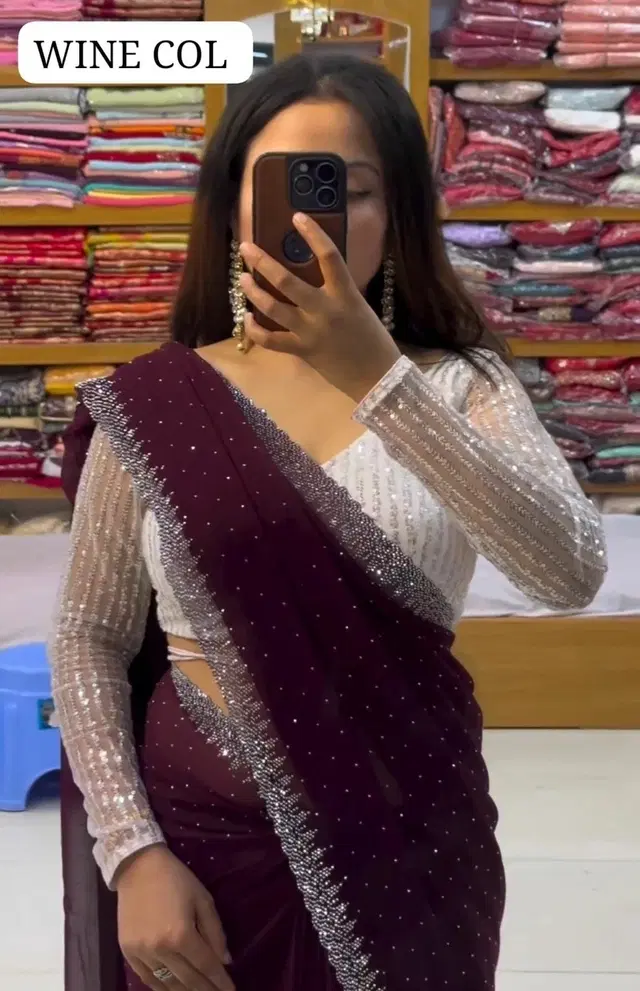 Georgette Embellished Saree for Women (Wine, 6.3 m)