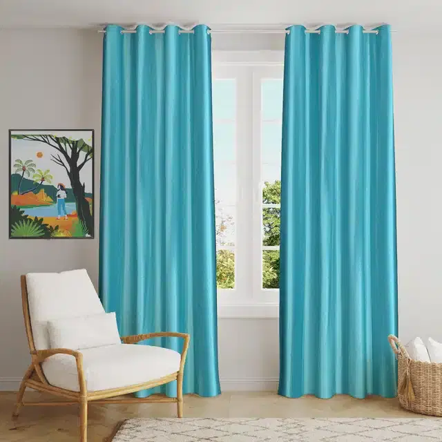 Polyester Solid Door & Window Curtains, Pack of 2, Aqua Blue, 5 feet