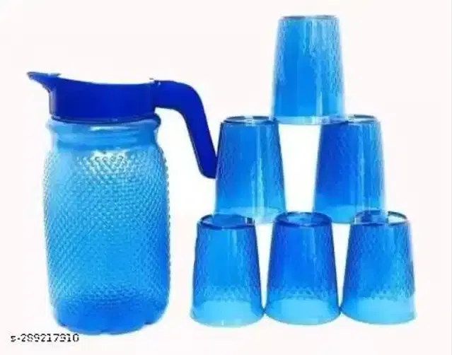 Plastic Jug with 6 Pcs Glass, Blue, Set of 2