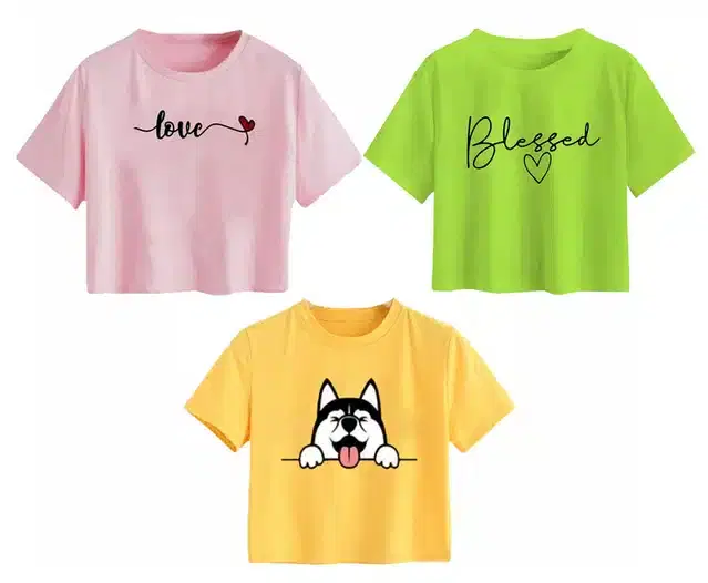 Cotton Printed Crop Tops for Girls, Pack of 3 (Multicolor, 11-12 Years)