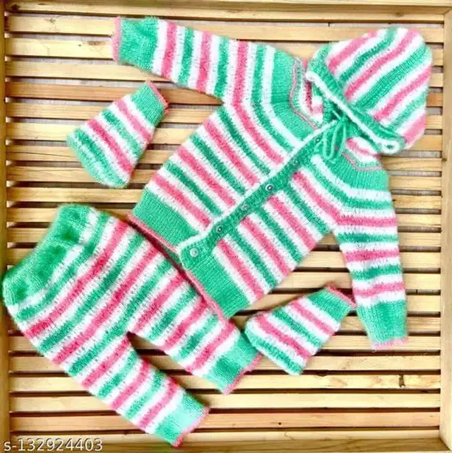 Woolen Hoodie Sweater with Pajama & Socks Set for Newborn Baby, Set of 1 (Green, 0-6 Months)