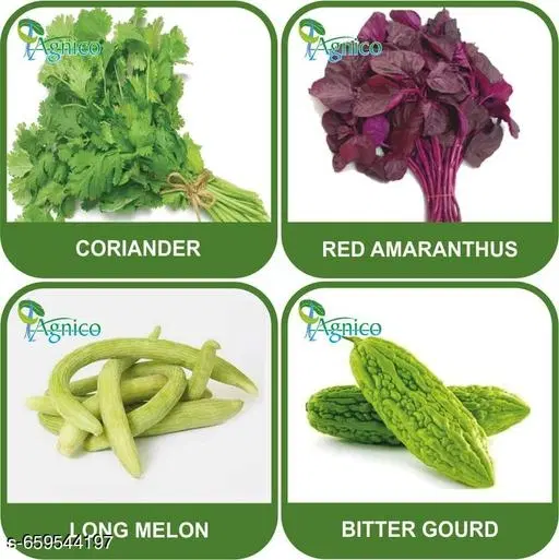 4 Vegetable Seeds Combo With Instruction Manual(Coriander/Red Amaranthus/Long Melon/Bitter Gourd)