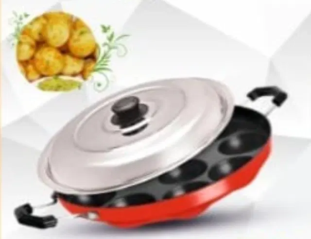 ZODEX 12 Cavities Non Stick Appam Patra with Lid and Side Handle, Multicolor, 21 cm