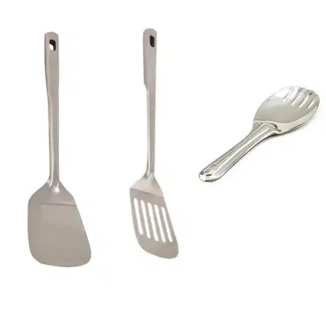 Combo of Stainless Steel Cooking & Serving Spoon Set, Pack of 3, Silver