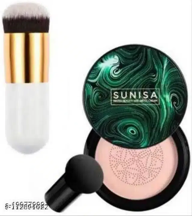 Foundation Brush & Foundation with Mushroom Head Air Cushion, White & Beige, Set of 3