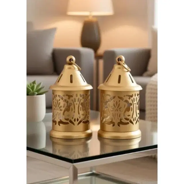 Decorative Beautiful Style Moroccan Hanging Lantern For Festival Set Of 2 Gold Look 16x12x8cm