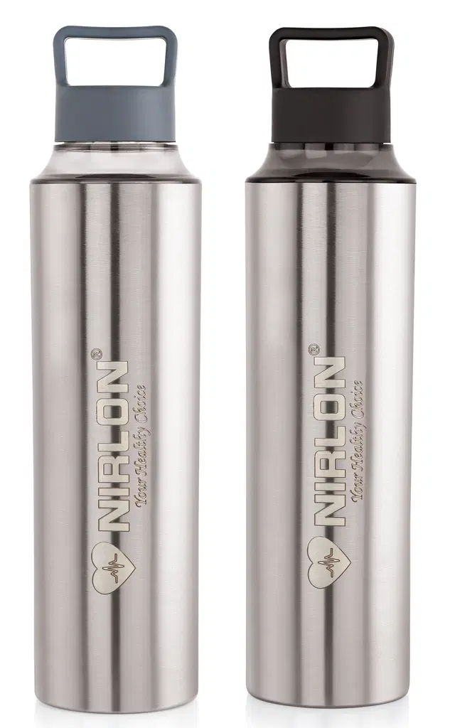 Nirlon Stainless Steel Water Bottles, Silver, 900 ml, Pack of 2