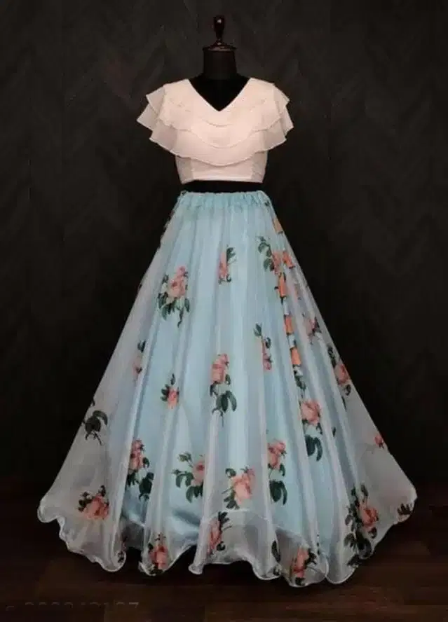 Semi Stitched Lehenga Choli for Women (Sea Blue)