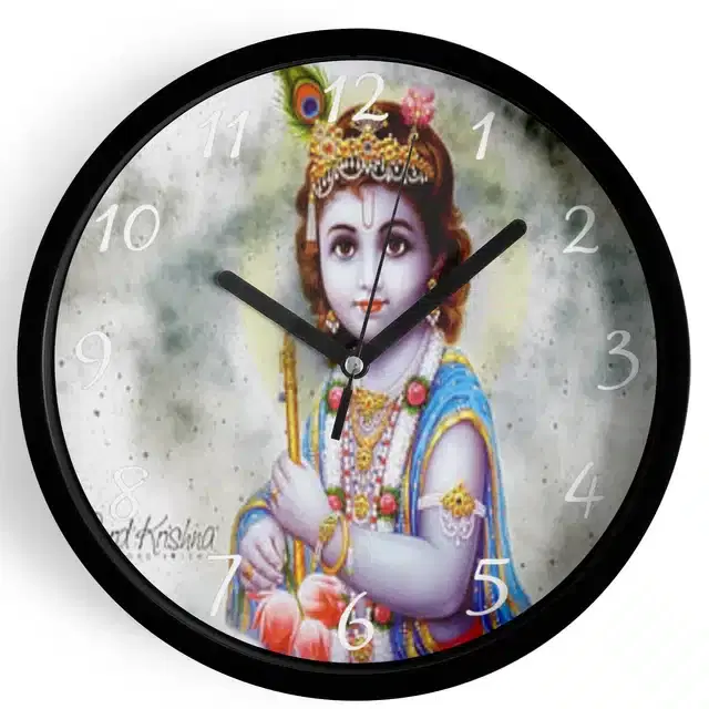Analog Lord Krishna Wall Clock for Home, Black, 7 Inches