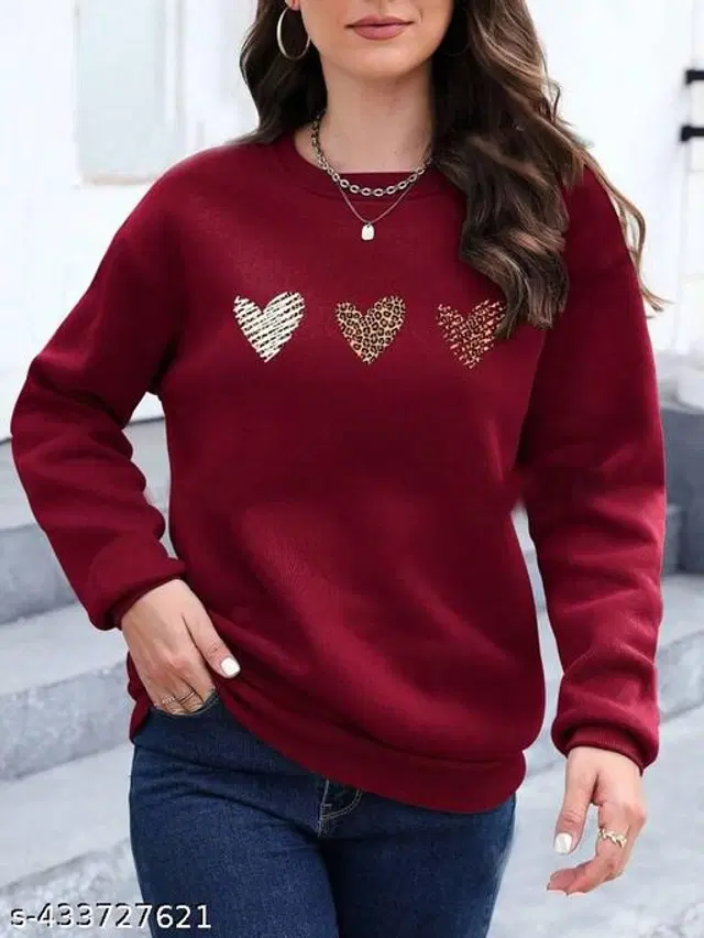 Fleece Printed Sweatshirt for Women (Maroon, S)