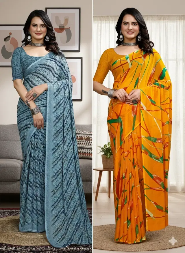 Georgette Printed Saree for Women, Multicolor, Pack of 2 (6.3 m)
